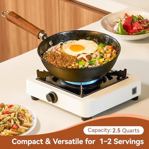 WANGYUANJI 9.5 Inch Small Cast Iron Wok with Lid - Handcrafted Tortoise Shell Texture Uncoated Stir Fry Pan, Flat Bottom Wok for Electric, Induction & Gas Stoves, 2.5 Quart (Requires Seasoning)