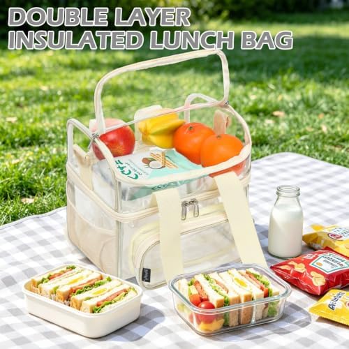 FlowFly Double Layer Cooler Insulated Lunch Bag Adult Lunch Box Large Tote Bag for Men, Women, With Adjustable Strap,Front Pocket and Dual Large Mesh Side Pockets