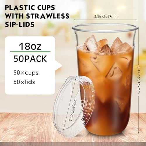 Baderke 50 Pcs Round Bottom Plastic Cups with Lids Clear Togo,18 Oz