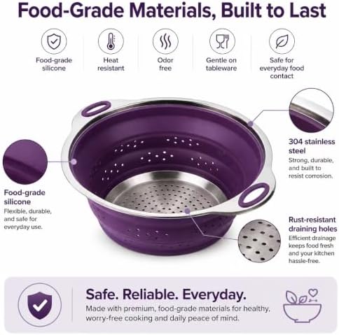 Mejoncb Collapsible Colander – Platinum Silicone Strainer with Stainless Steel Base, BPA-Free & Heat Resistant Kitchen Drain Basket (Purple)