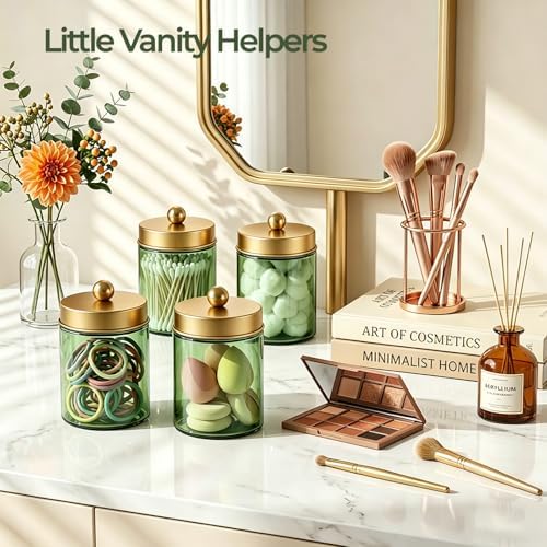 Amolliar Glass Apothecary Jar Qtip Holder Metal Lids 4pc/Green-golden