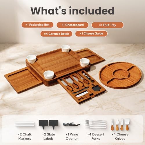 SMIRLY Charcuterie Boards Set, Large Cheese Board Set, Carbonized Bamboo