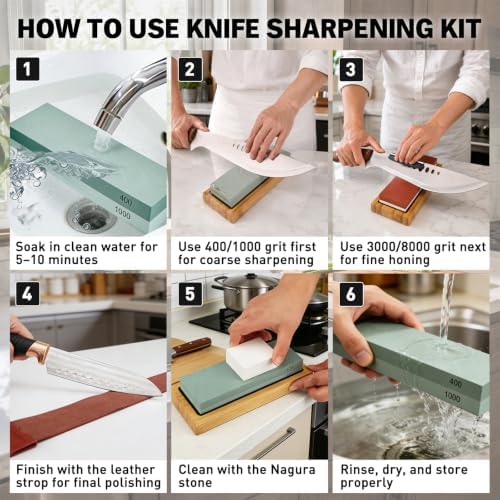 10-Piece Knife Sharpening Stone Set, Professional Whetstone 4 Side 400/1000 3000/8000 Grit, Whetstone Knife Sharpener Stone Kit, Non-slip Base, Leather Strop, Nagura Stone and Angle Guide