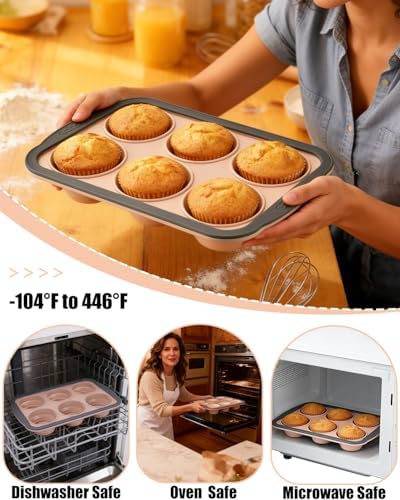 Silicone Muffin Pan for Baking with Metal Frame， Nonstick Cupcake Pan, 6 Cup Baking Pan for Cupcake, Tarts, Egg Bites(6 Cup Pink)