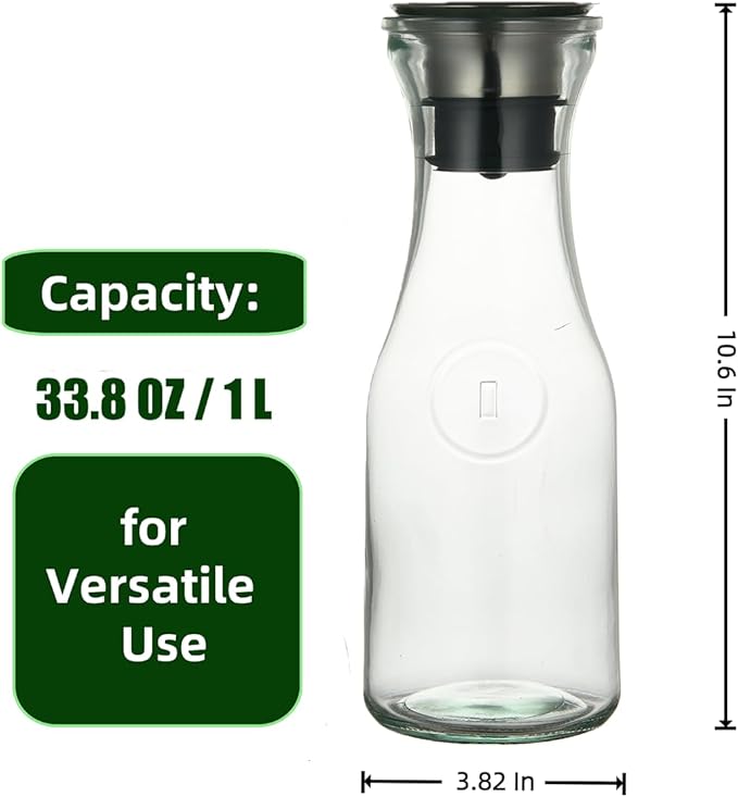 Karafu 33.8 Ounces/1 Liter Glass Carafe with Lid, Heavy Duty Pitcher for Cold Water, Cold Brew Coffee, Milk, Wine, Ice Tea and Juice Beverage