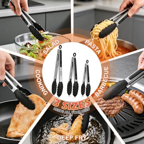 TACGEA Stainless Steel Kitchen Tongs with Silicone Tips, Locking Grilling Food Tongs, 7" 9" and 12", Set of 3 Black