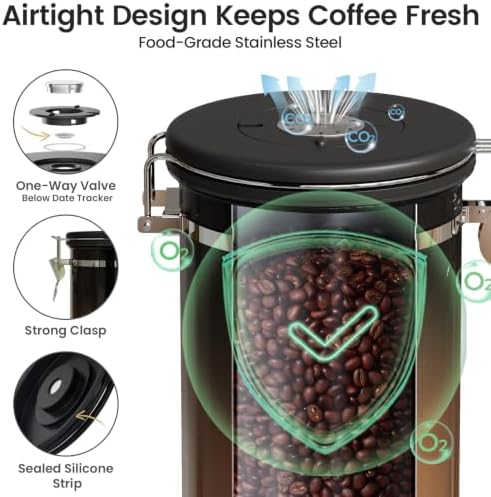 Veken Coffee Canister with Window, Airtight Stainless Steel Container, 22OZ