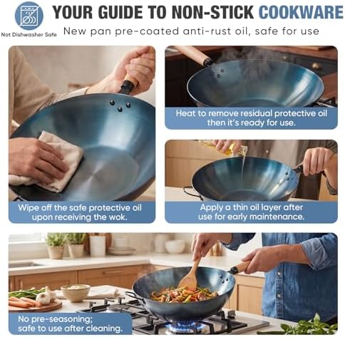 DUMOS 13.5" Carbon Steel Wok Pan, No Chemical Coating, Pre-Seasoned Flat Bottom Pow Wok for Family Meals and Camping, Compatible with Induction, Electric, Gas, Open Fire, Blue