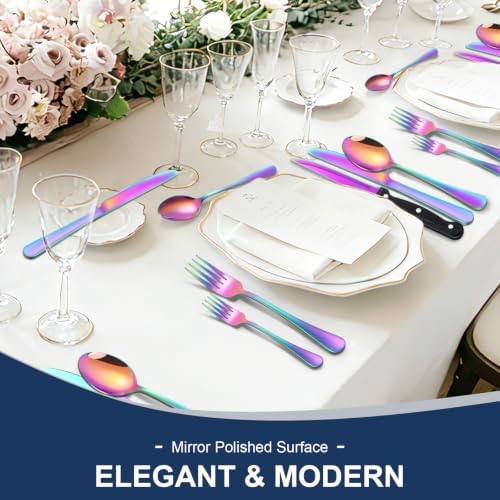 24-Piece Rainbow Silverware Set with Steak Knives Black Stainless Steel Flatware Set for 4 Food Grade Tableware Cutlery Set Rust-proof, Mirror Polished, Dishwasher Safe