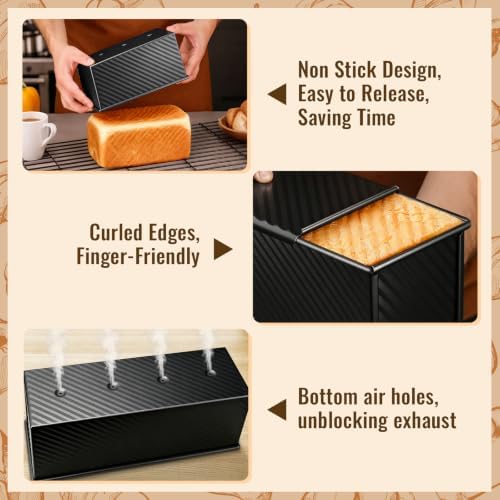 3 Pack Pullman Loaf Pans, Bread Pans with Lids, Black