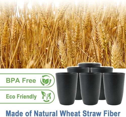 Wheat Straw Cups 6 Pcs, 16 OZ Plastic Drinking Cups (Black)
