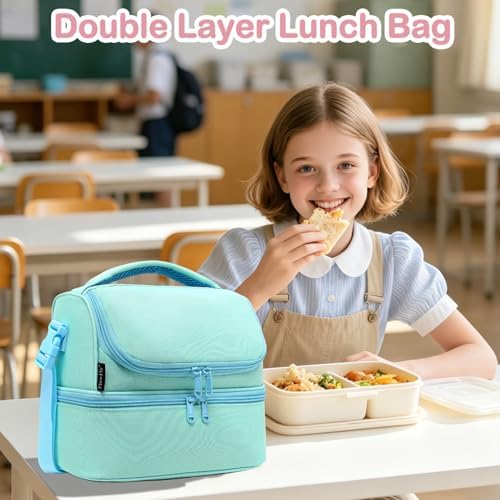FlowFly Double Decker Cooler Insulated Lunch Bag Large Tote for Boys, Girls, Men, Women, With Adjustable Strap,Light Blue