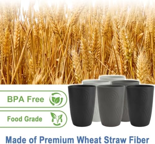 16oz Wheat Straw Cups Set of 6, Unbreakable Kitchen Cup (BlackGrey)