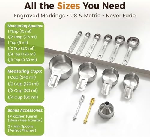 13PCS Measuring Cups and Spoons Set, Premium Heavy Duty Steel Measuring Spoons Cups Set with Metric and US Measurements, Set for Measuring Dry and Liquid Ingredients