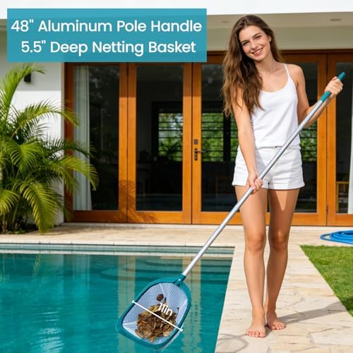 POOLWHALE Pool Skimmer Net with Adjustable 48" Aluminum Pole, Fine Mesh Medium-Depth Net for Above Ground Pools, Ponds, Hot Tubs, Spas and Fountains for Leaf and Debris Removal