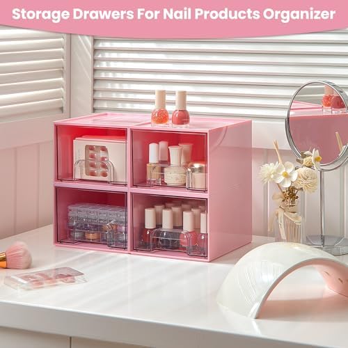 Vtopmart 4 Pack Small Clear Stackable Storage Drawers, Pink