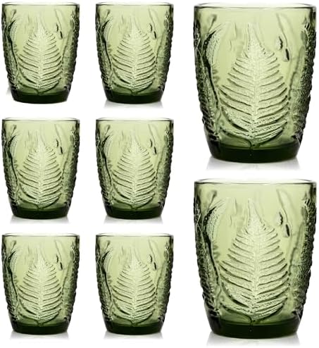 Green Drinking Glasses Set of 8, 10 oz Glass Cups, Vintage Fern Glassware