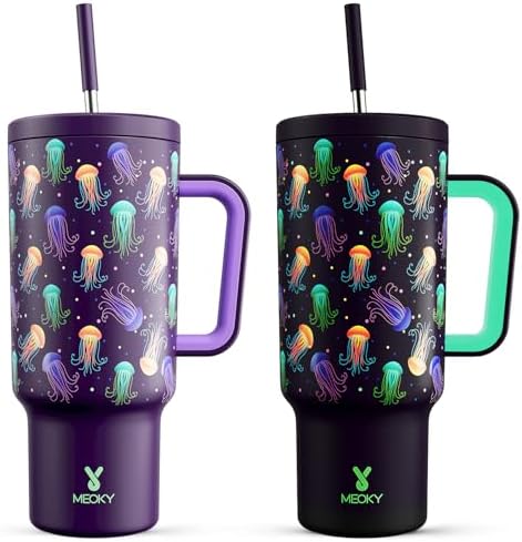 Meoky 40 oz Tumbler with Handle and Straw: Glow in the Dark Tumbler with Lid and Straw - Stainless Steel Insulated Tumbler for Car Cup Holders - Travelers Commuters Workers (1 Pack, Jellyfish)