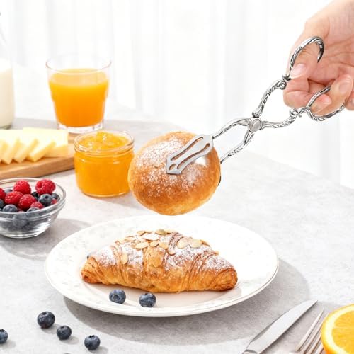 Jucoan 3 Pack Vintage Silver Serving Tongs, 8.5 Inch Zinc Alloy Metal Food Buffet Bread Salad Tongs for Birthday Wedding Tea Party, Dishwasher Safe