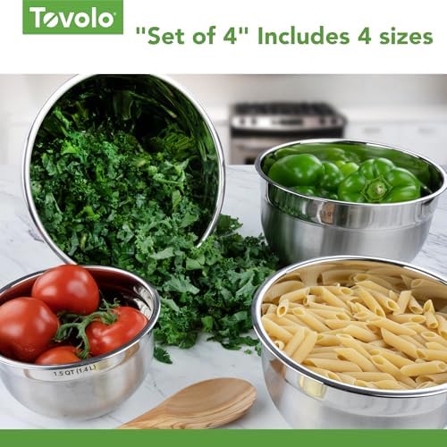 Tovolo Stainless Steel Mixing Bowls Set of 4 Small Medium Large XL Metal Bowl Set for Cooking Baking Prep, Dishwasher Safe Nesting Mixing Bowls Set, Freezer Storage and Mixer Safe Heavy Duty Bowls