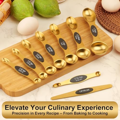 Gold Magnetic Measuring Spoons Set Stainless Steel with Leveler, Dual-Sided Stackable Metal Measuring Spoons for Baking & Cooking, Fits in Spice Jars, Heavy Duty Kitchen Gadgets, 8 Spoons & 1 Leveler