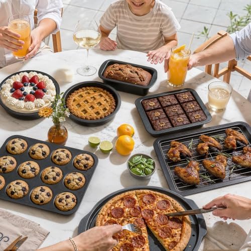 HONGBAKE Bakeware Sets, Baking Pans Set, 12 Pieces Nonstick Oven Pan with 120 Muffin Liners for Kitchen, Wider Grips, Including Rack, Cookie Sheet, Cake, Loaf, Muffin, Pizza Pan - Gray