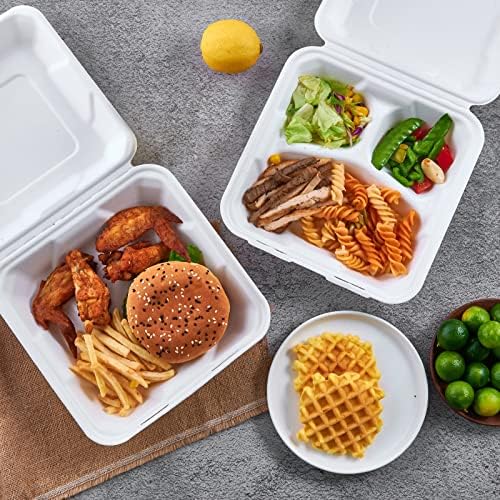 ECOLipak 50 Pack Compostable Clamshell Take Out Food Containers, 8 inch