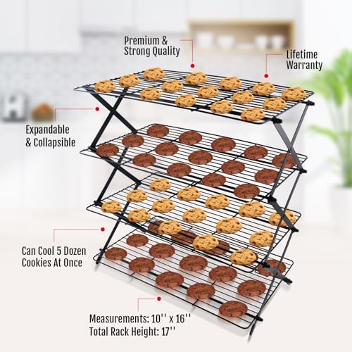 4-Tier Collapsible Cooling Rack For Baking - Expandable & Foldable Cookie Cooling Wire Rack - Baking Rack - Foldable Cooling Rack For Baking Supplies - Premium Quality & Sturdy Legs