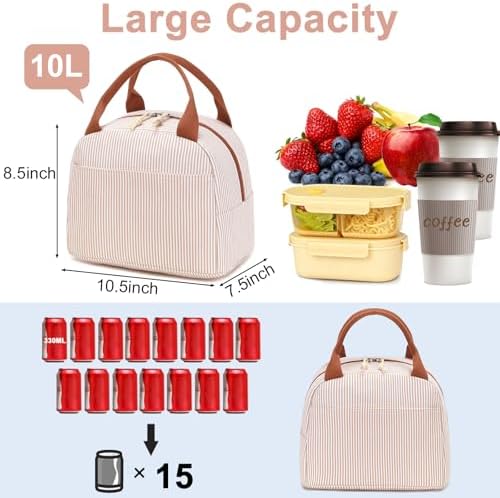 Bluboon Lunch Box for Women Cute Lunch Bag Reusable Insulated Lunch Bags Large Capacity Lunchbox Cooler for Work Picnic or Travel Gifts (Light Khaki White Stripes, 10 x 7.5 x 8 inches)