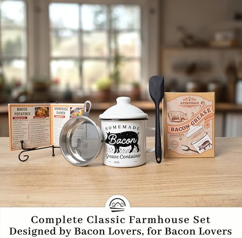 Ayerphalo Bacon Grease Container with Strainer - With Food-Grade Silicone Spatula, 24oz Enamel Rustic Farmhouse Fat Container, Keeper, Recipes, Dishwasher Safe
