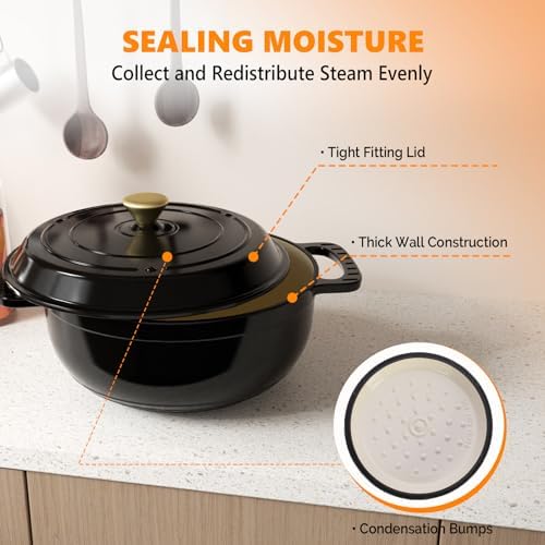 Bonnlo 6QT Round Dutch Oven, Enameled Cast Iron Dutch Oven Pot with Lid & Dual Handles, Oven Safe Up to 500° F, for Sourdough, Bread Baking, Stews and Roasting (Black)