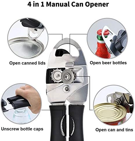 Can Opener Manual 4 in 1, Handheld Can Opener Bottle Opener Safe Cut and Smooth Edge with Ergonomic Grip Large Turn Knob Great for Seniors with Arthritis (Black)