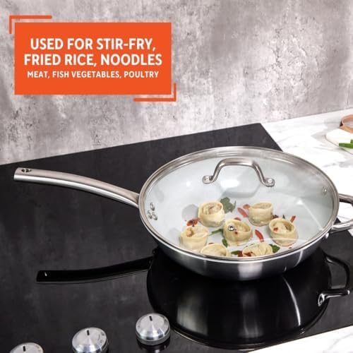 IMUSA 12 Inch 2 Ply Aluminum Ceramic Wok with Glass Lid, Gray