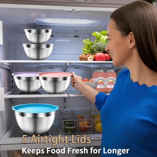 Mixing Bowls with Airtight Lids Set, 5 PCS Stainless Steel Colorful