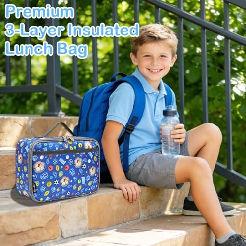 FlowFly Kids Lunch box Insulated Soft Bag Mini Cooler Back to School Thermal Meal Tote Kit for Girls, Boys,football