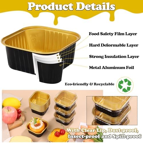 selizo 60 Pack 5oz Mini Disposable Cake Pans with Lids, Aluminum Foil Square Baking Cups, 3.5x3.5 Small Baking Cake Tins Cup Cake Containers with Lids for Individual Cakes, Black