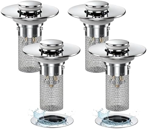 4Pack Bathroom Sink Drainer Hair Catcher, Pop Up Sink Drain Stopper with Filter Basket, Universal Drain Plug for Sink Drain, Stainless Steel Sink Drain Cover with Basket for Bathroom Stopper
