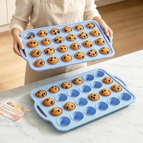 Blue Mini Silicone Cupcake Pan: 2 Pack 24 Small Cupcake Tin for Baking