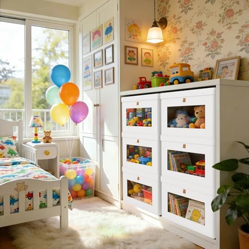 DIMJ Storage Bins with Lids - 6 Pack Large Fabric Closet Organizer with Window & Handles, Collapsible Decorative Storage Boxes for Shelves Under Bed, Books Clothes Blankets Sweaters Organization