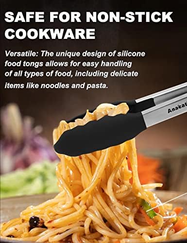 Anaeat Non-Stick Silicone Locking Tong Set of 2 - Stainless Steel 9" and 12" Kitchen Food Tongs with Non-Slip Silicone Tips and Grip for Cooking, Baking and BBQ - Heavy Duty & Heat Resistant (Black)