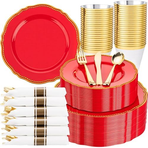 Hioasis 350 Pcs Red Gold Plastic Plates Wedding & Party