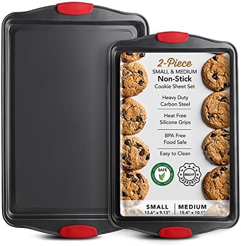 Eatex Nonstick Baking Sheet Set, 2-Piece Baking Pans Set with Silicone Handles, Carbon Steel Cookie Sheets for Baking Commercial Grade Quality Oven Tray, Jelly Roll/Quarter Sheet Pans for Baking