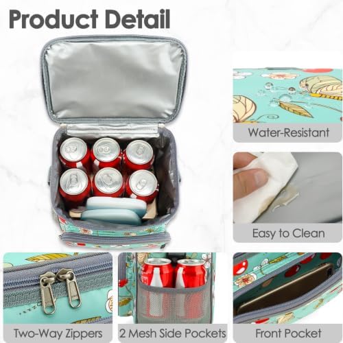 FlowFly Insulated Reusable Lunch Bag Adult Large Lunch Box for Women and Men with Adjustable Shoulder Strap,Front Zipper Pocket and Dual Large Mesh Side Pockets,Cherry