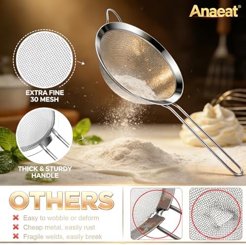 Anaeat Fine Mesh Strainers - Premium Stainless Steel Colander Sieve Sifters, with Durable Mesh and Sturdy Handle, Excellent for Sifting Dry ingredients, Flour, Pastas, Rice, Tea (6.3"）