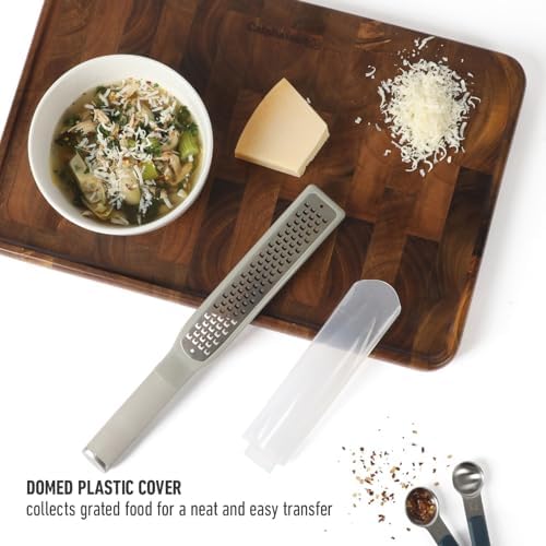 Calphalon Edge Lemon Zester, Stainless Steel Fine Citrus Grater for Lemon, Garlic & Ginger, Handheld Kitchen Zester with Protective Cover & Ergonomic Handle, Taupe