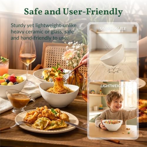 Homienly Wheat Straw Serving Bowls Unbreakable Serving Bowls for Kitchen, Camping, Party, RV, Microwave and Dishwasher Safe Soup Bowls 26 OZ Popcorn Bowls Reusable (4 PCS White)