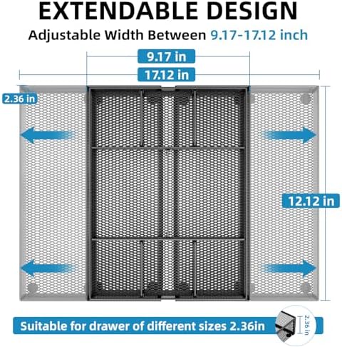 Marbrasse Expandable Desk Drawer Organizer, Mesh Drawer Organizer Tray with 10 Adjustable Compartments, Desk Organizers and Accessories, 5 Dividers Drawer for Office Supplies, Makeup & Vanity (Black)