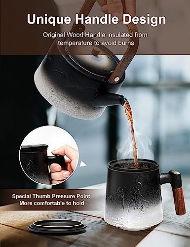 suyika Ceramic Tea Cup with Infuser and Lid, Gradient Embossed Large Tea Mug Wooden Handle for Steeping Loose Leaf, Tea Lover Gifts 15.2 oz / 450 ml,Matte Black