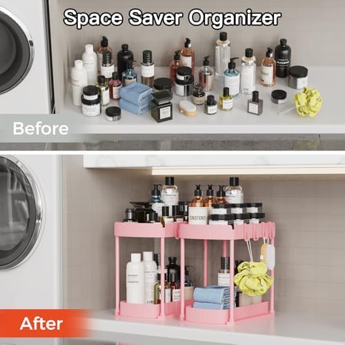 2 Packs Under Sink Pull-Out Storage Organizers, 12.8 Inches, Pink