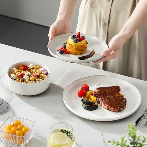 MALACASA Plates and Bowls Sets, 12 Pieces Modern Stoneware Dinnerware Set for 4 Kitchen Dinner Set Ceramic Dishware Dishes Set Microwave and Dishwasher Safe, White, Series TARA